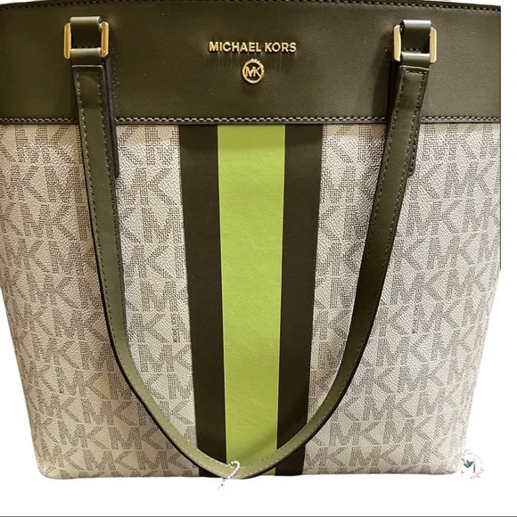 NWOT Michael Kors Center Stripe Morgan Large Tote Olive Multi - Picture 8 of 15